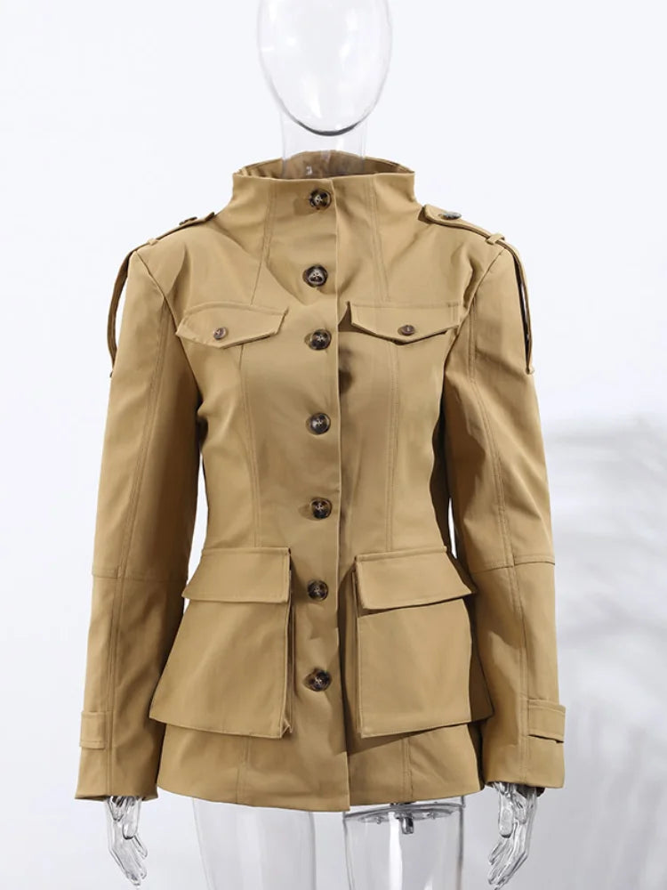 Elegant Stand Collar Trench Coats Women Y2K Long Sleeve Pockets Waist Jacket 2026 Autumn Street Lady Single Breasted Outerwear