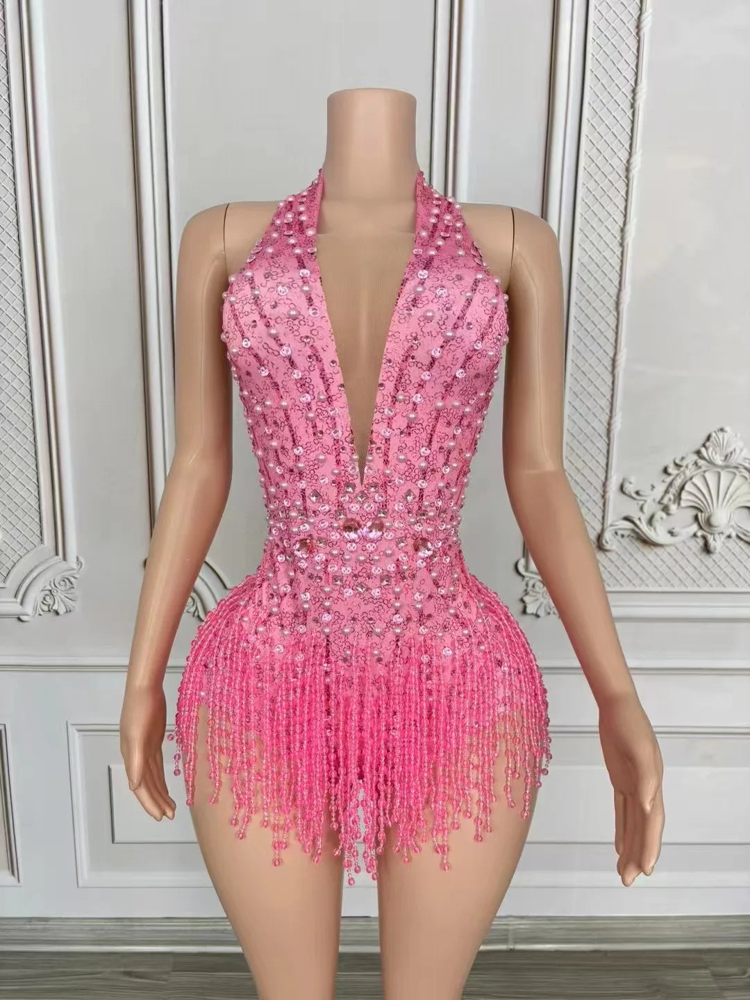 European and American Sexy Deep V Pink Tassel Jumpsuit Gogo Female Singer Stage Collar Dance Costume Car Show Model Performance