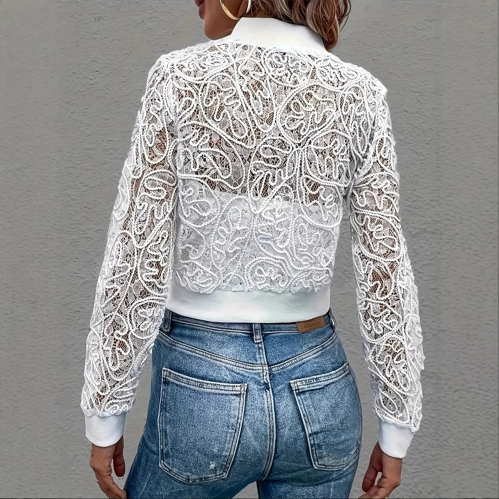 European and American style white lace zipper short coat fashionable hollow slim cardigan top, new in spring and autumn