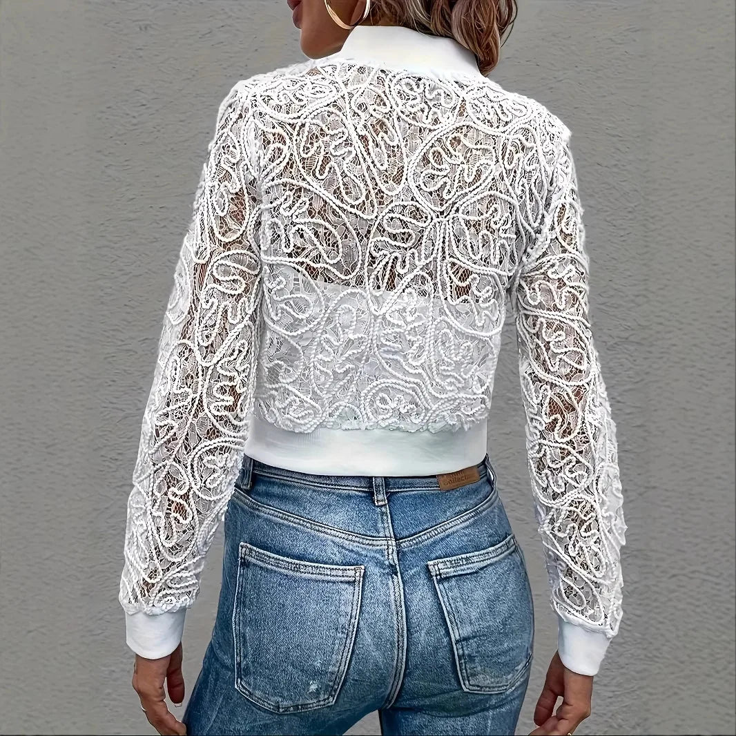 European and American style white lace zipper short coat fashionable hollow slim cardigan top, new in spring and autumn