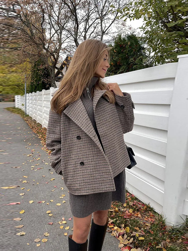 Fashion Houndstooth High Collar Woolen Coats For Women Chic Long Sleeve Single Breasted Jacket 2025 Autumn Winter Lady Outerwear