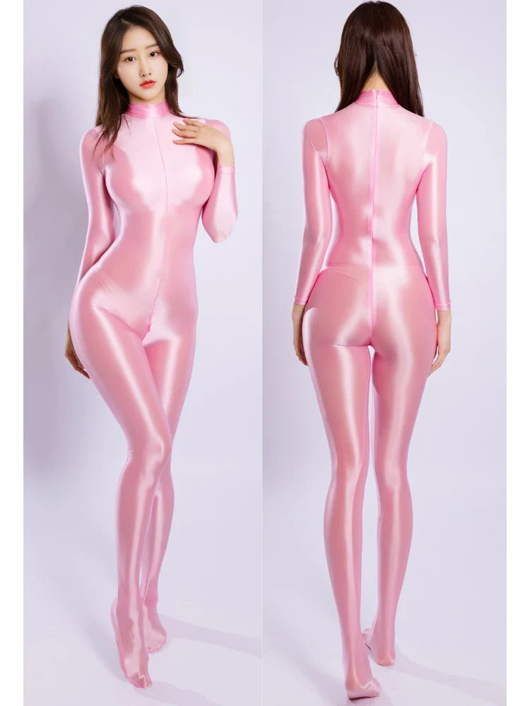 M XL Unisex Shiny Catsuit Bodystocking Long Back Zipper Open Crotch Bodysuit Tights Leotard Conjoined Unitard Jumpsuit Teddies