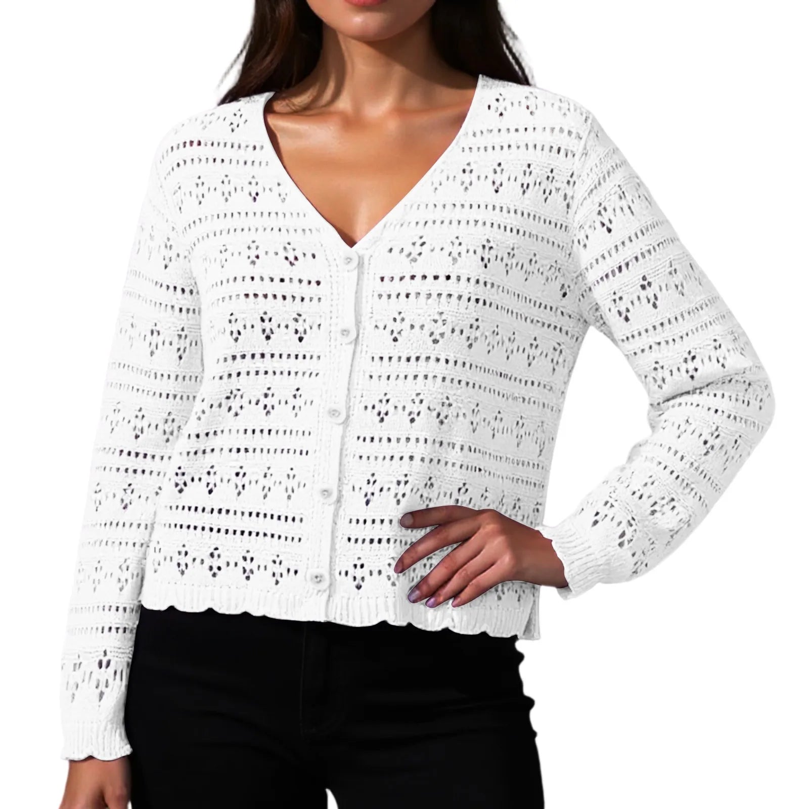 Women Fashion V-neck Knitted Cardigan Spring Autumn Versatile Solid Color Hollow Out Top Ladies Loose Long Sleeved Cardigan Tops