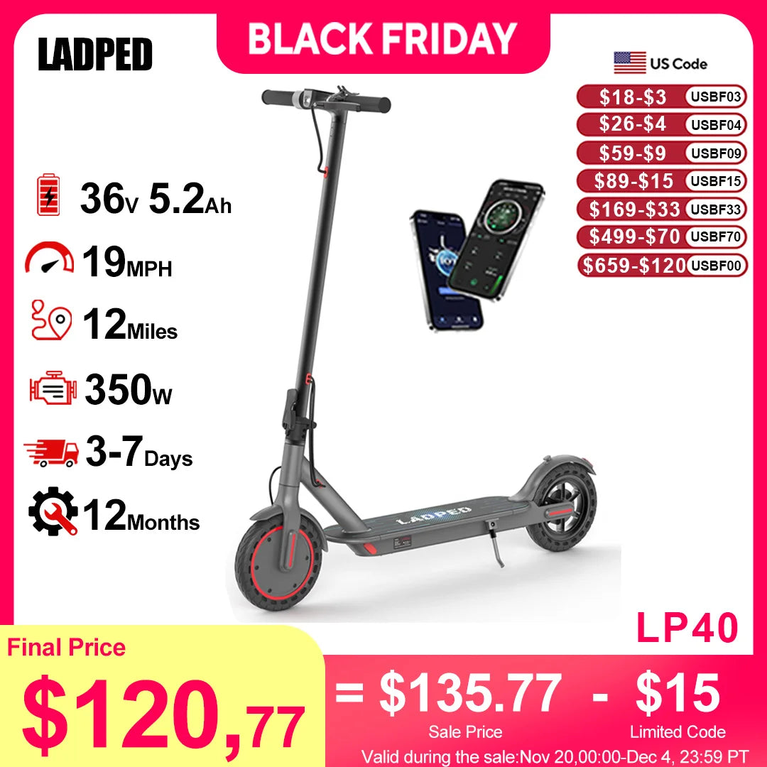 LADPED LP40 Electric Scooter 350W 19mph APP Smart Control 4 Speed Modes Foldable Electric Scooter 16miles Max Range for Adult
