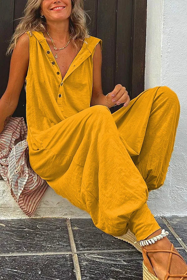 Fashionable Sleeveless Hooded Collar Jumpsuit Women Spring Summer Button Pocket Loose Casual Baggy Pants Jumpsuits Female