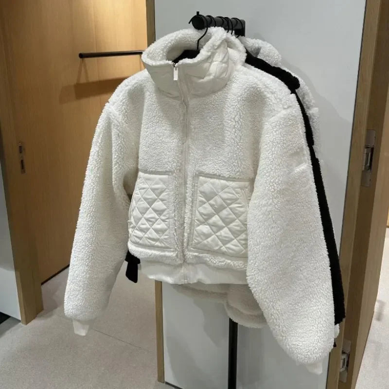2025 Autumn New Lamb Plush Warm Coat Fashion Stand-up Collar Zipper Winter Jacket Women Outerwear High Waist Thicken Coats