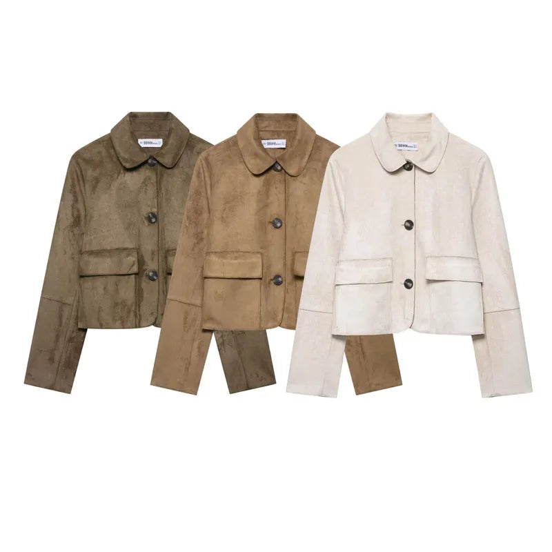 Female Elegant Lapel Single-breasted Pockets Decoration Solid Street Style Jackets Women Autumn Vintage Slim Short Jacket