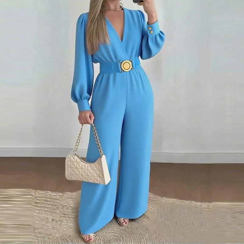 Autumn Elegant V-neck Solid Long Jumpsuits Fashion Commuting Belt Lace-Up Wide Legger Romper Casual Long Sleeve Women's Playsuit
