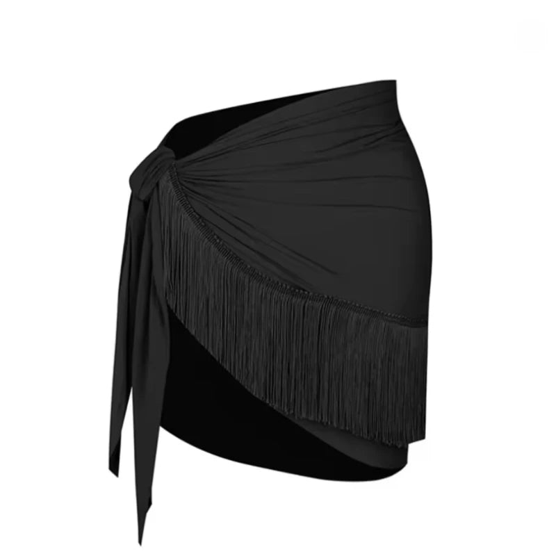 Black Latin Dance Leotard for Women Long Sleeved High Neck Jumpsuit Set Tassel Skirt Cha Cha Samba Cowboy Dance Training Costume