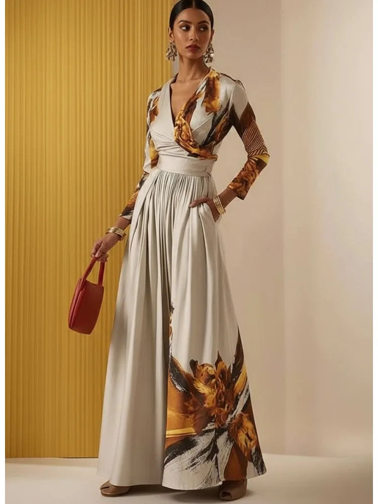 Women's Printed Slim Fit Jumpsuit V-neck Long Sleeves High Waist Wide Leg Coverall Elegant Commuter Outfit for Office Ladies