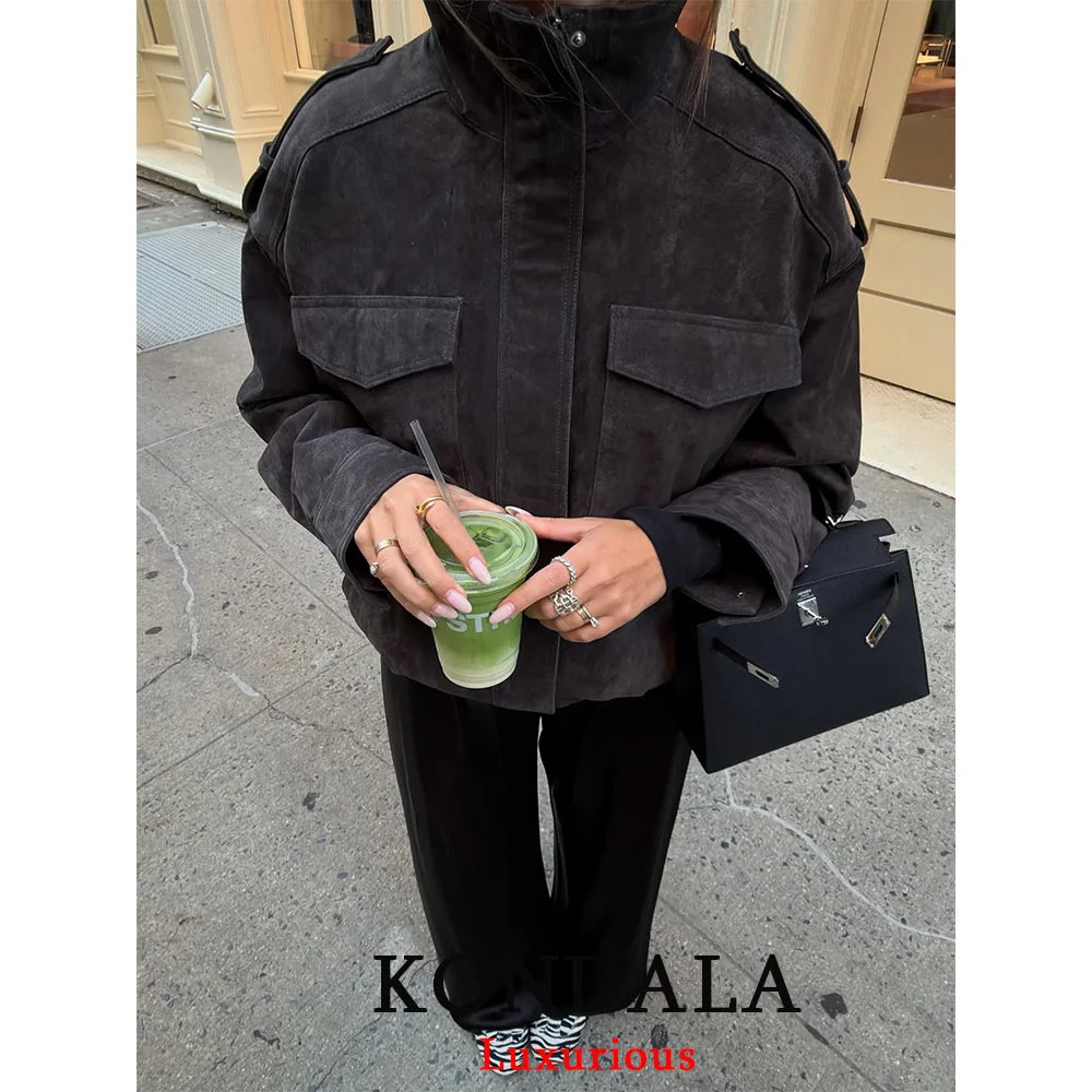 KONDALA Chic Suede Women Bomber Jacket Women Long Sleeve Pockets Straight Loose Coat Fashion 2025 Fall Winter Streetwear Outwear
