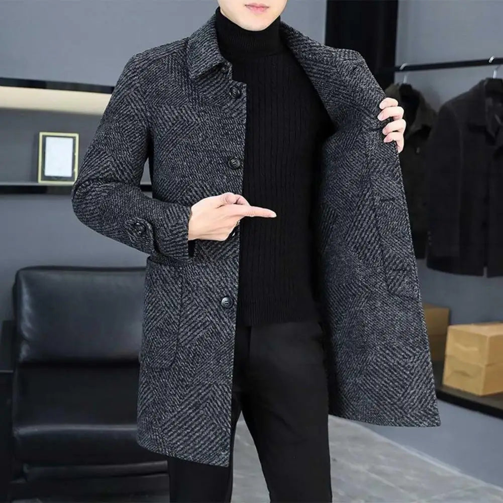 2025 New Men Woolen Coat Lapel Long Sleeve Single Breasted Mid-Length Overcoat with Pockets Casual Daily Wear