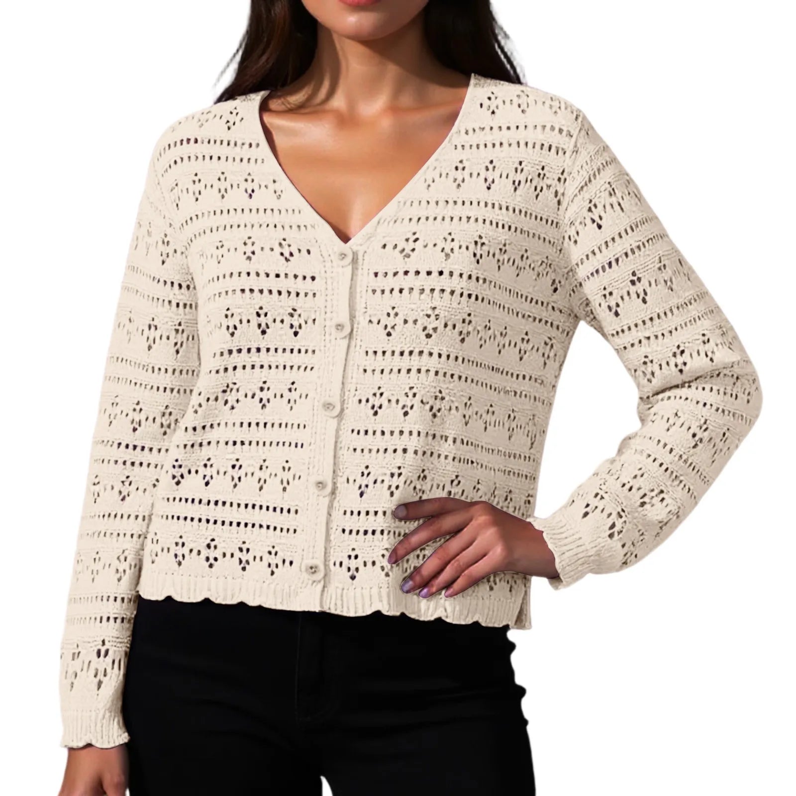 Women Fashion V-neck Knitted Cardigan Spring Autumn Versatile Solid Color Hollow Out Top Ladies Loose Long Sleeved Cardigan Tops