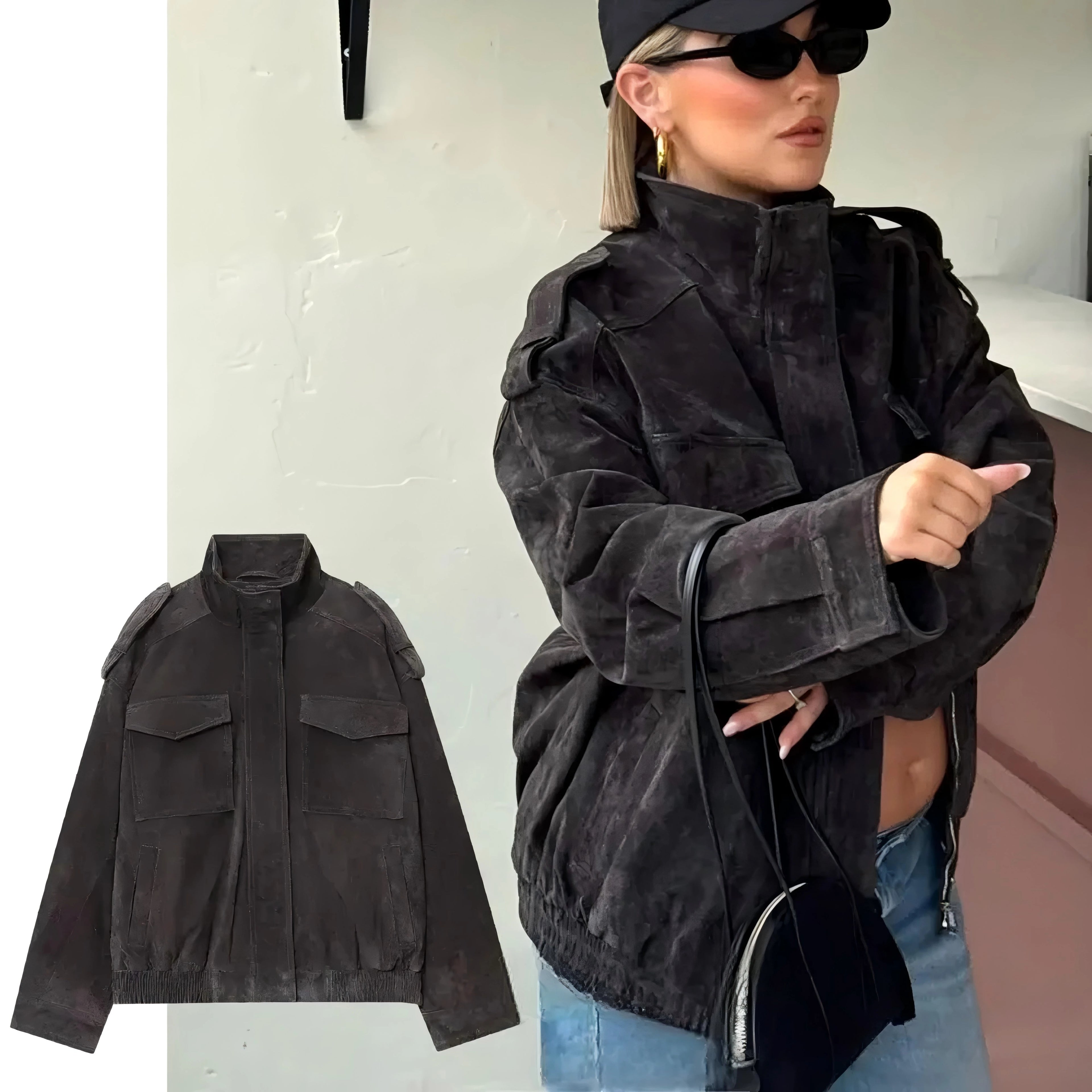KONDALA Chic Suede Women Bomber Jacket Women Long Sleeve Pockets Straight Loose Coat Fashion 2025 Fall Winter Streetwear Outwear