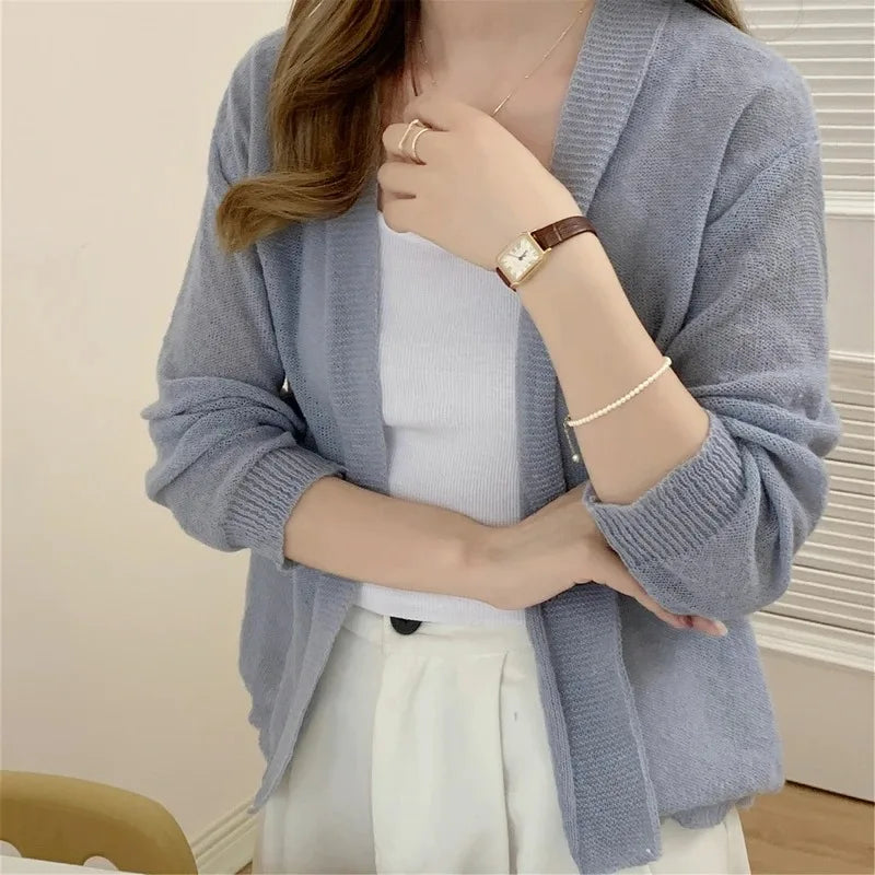 2025 Korean Style Women Long Sleeve Elegant Cardigan Sweater Autumn Solid Color Knitted Top Casual Knitwear