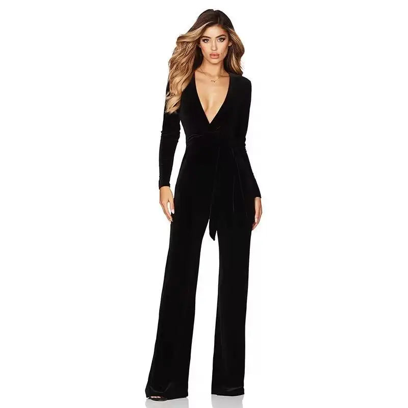 HLJ Elegant Women Velvet Jumpsuits Sexy Deep V Neck One Piece Outfit  Sashes Belted Wide Legs Long Pants Jumpsuit Party Clubwear