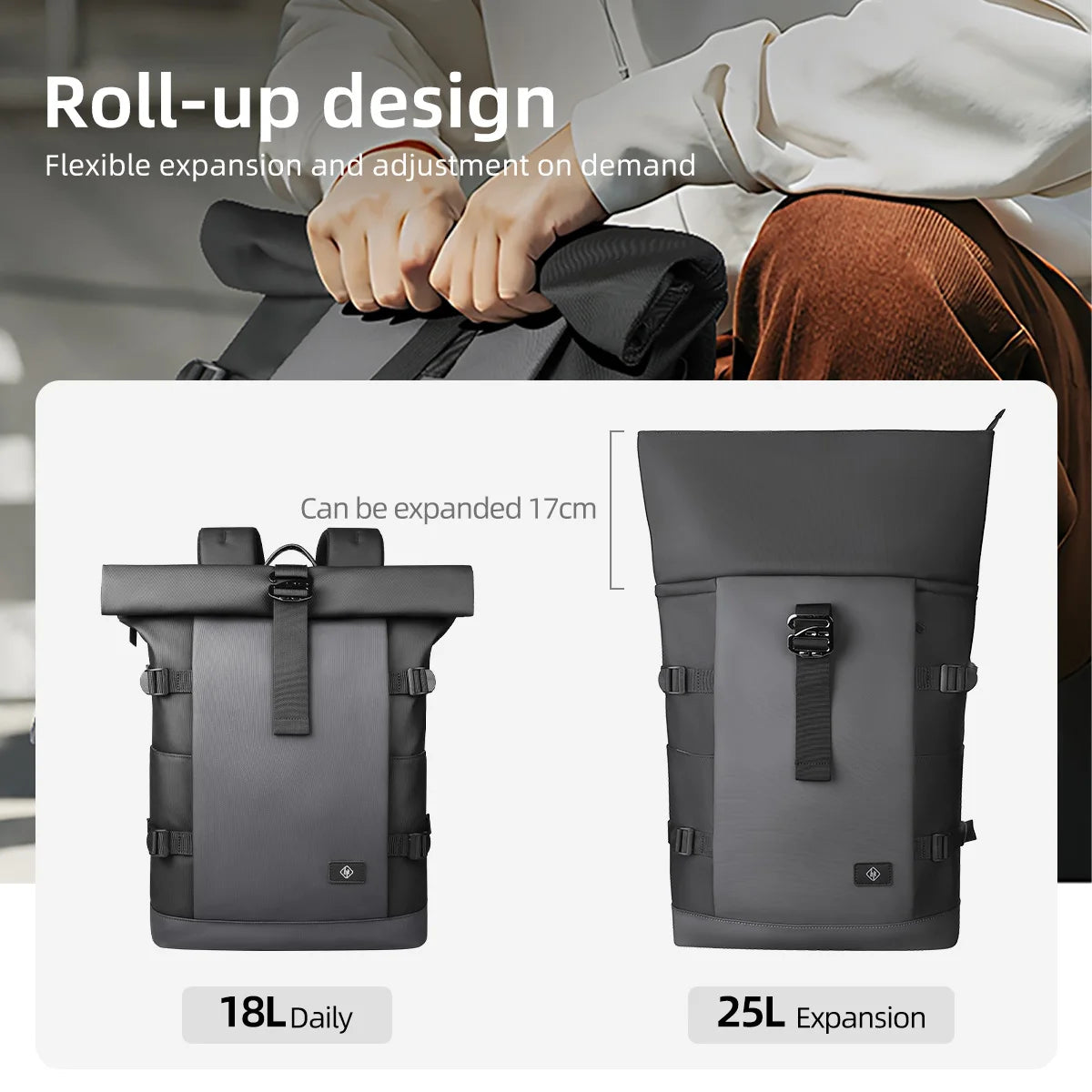 HK Waterproof Roll-Top Backpack for Men Large Capacity Expandable 17 Inch Laptop Bag Leisure Travel Backpack Hiking Camping Bags