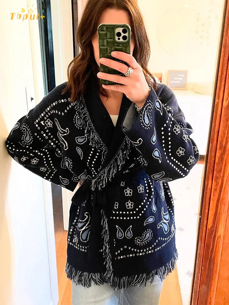 Women Print Knitted Cardigan Casual Chic V-neck Long Sleeve  Single-breasted Return Loose Sweater 2025 Lady Autumn Street Coats