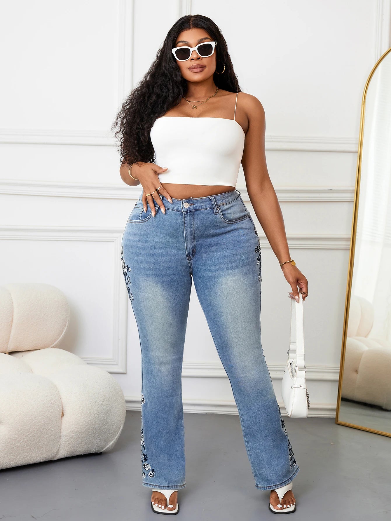 Plus Size Elegant Bootcut Denim Jeans for Women Tummy Control High Rise Curvy Fit Floral Design Slimming Dressy Jeans Pants