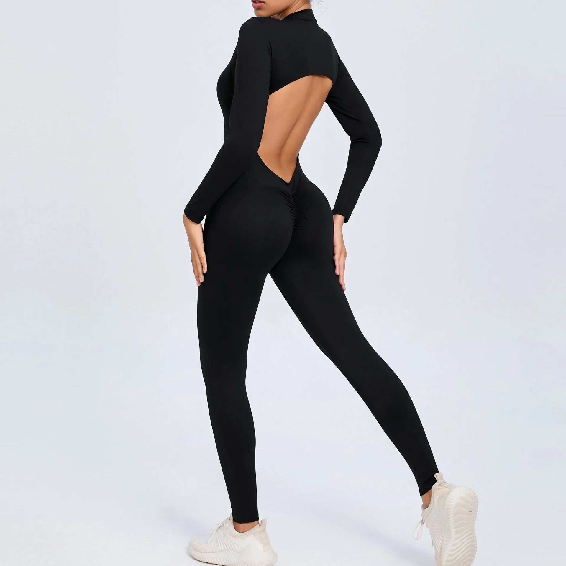 Hearuisavy V Back Sports Jumpsuit Yoga Clothes Rompers Women Long Sleeveles Workout Bodysuits Backless One-piece Suit Female