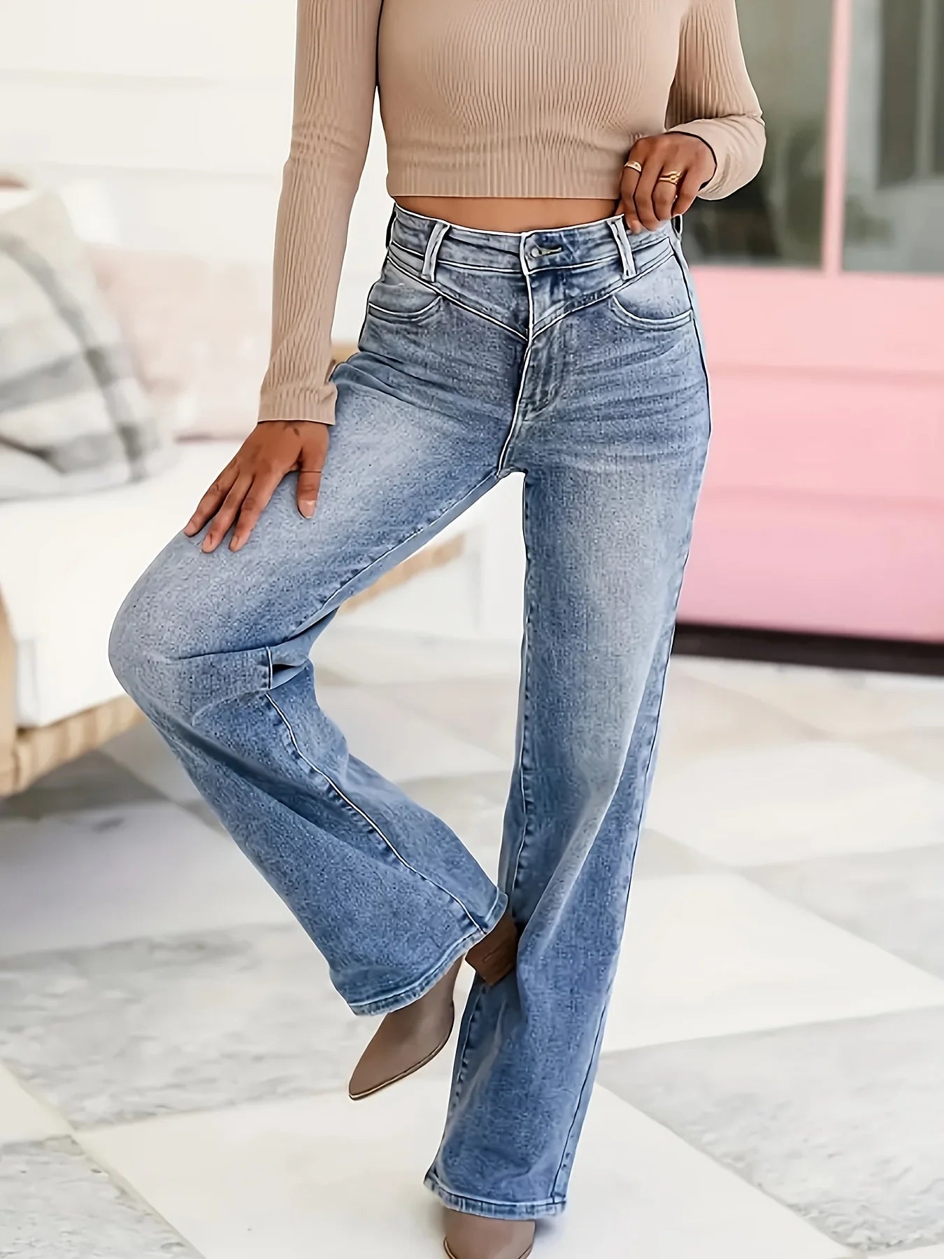 Women's Plus Size Straight Jeans - Summer Temperament Commuter Washed Plus Size Pocket Solid Color Elegant Jeans