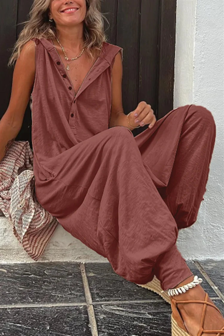 Fashionable Sleeveless Hooded Collar Jumpsuit Women Spring Summer Button Pocket Loose Casual Baggy Pants Jumpsuits Female