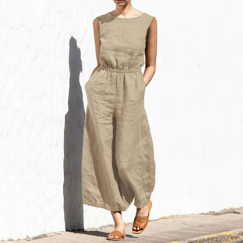 Women Fashion Wide Leg Pant Jumpsuit Summer Casual Solid O- Neck Sleeveless Pocket Playsuit Ladies Loose Boho One-Piece Pants