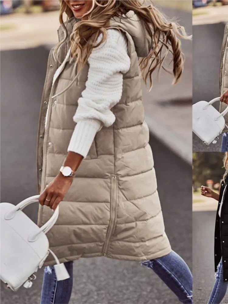 Casual Vest Hooded Single Breasted Mid-length Cotton Padded Jacket Winter Fashion Button Zipper Fitted Cardigan Female Vest Coat