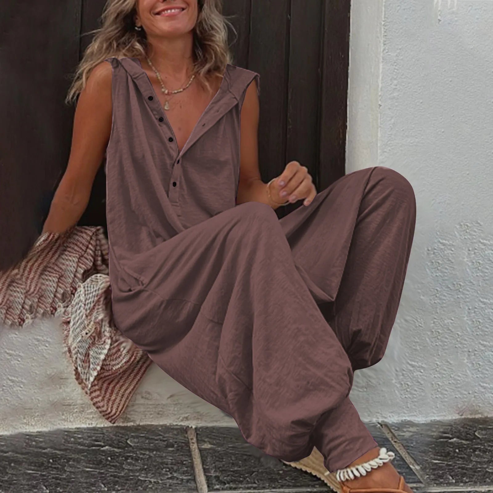 Fashionable Sleeveless Hooded Collar Jumpsuit Women Spring Summer Button Pocket Loose Casual Baggy Pants Jumpsuits Female
