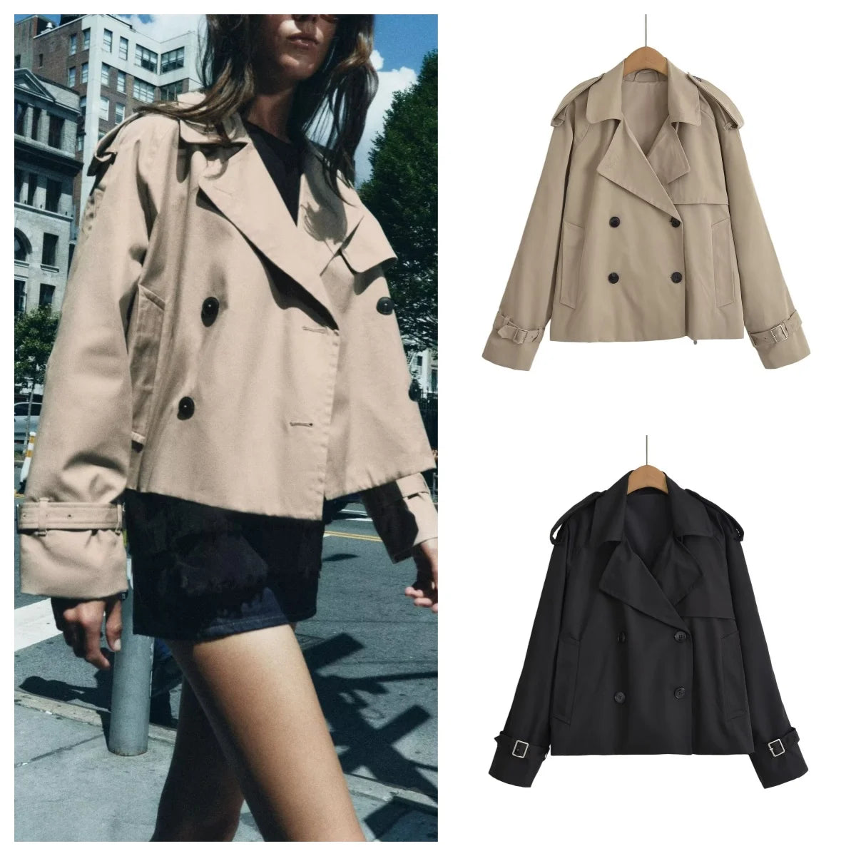 European and American style autumn new style fashionable and versatile double-breasted short windbreaker jacket with lapel