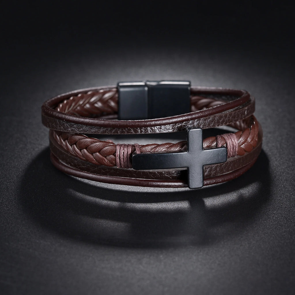 Men's Cross Leather Bracelet Prayer Multi Layer Braided Stainless Steel Fashion Classic Wristband Birthday Gift For Men Women