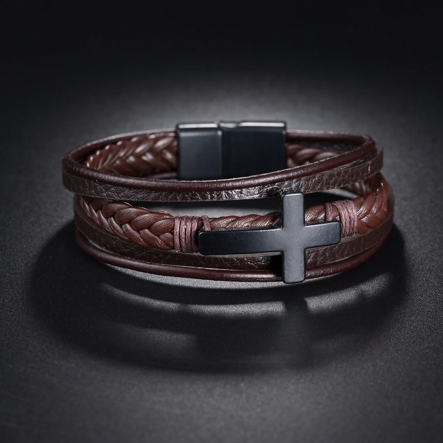 Men's Cross Leather Bracelet Prayer Multi Layer Braided Stainless Steel Fashion Classic Wristband Birthday Gift For Men Women