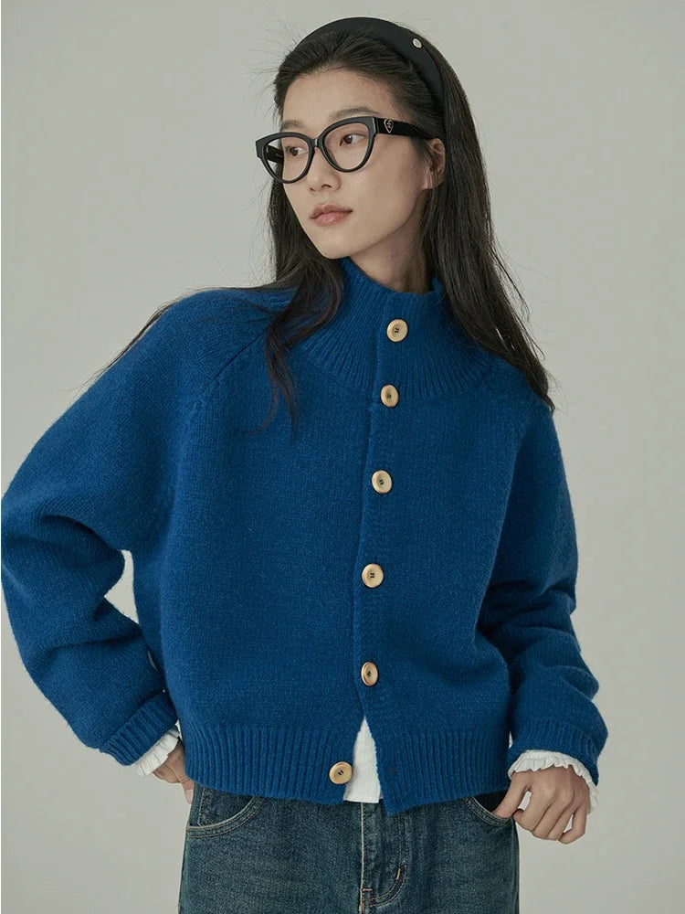 Loose Stand-up Collar Cardigan Women Retro Blue Single Breasted Casual Soft Knitwear Sweater Black Fashion Cardigan for Women
