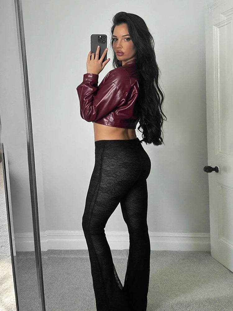 Sisterlinda Faux Leather Single Button Crop Jacket Women Autumn Trend Cross Neck Full Sleeve Wild Style Classic Streetwear Coat