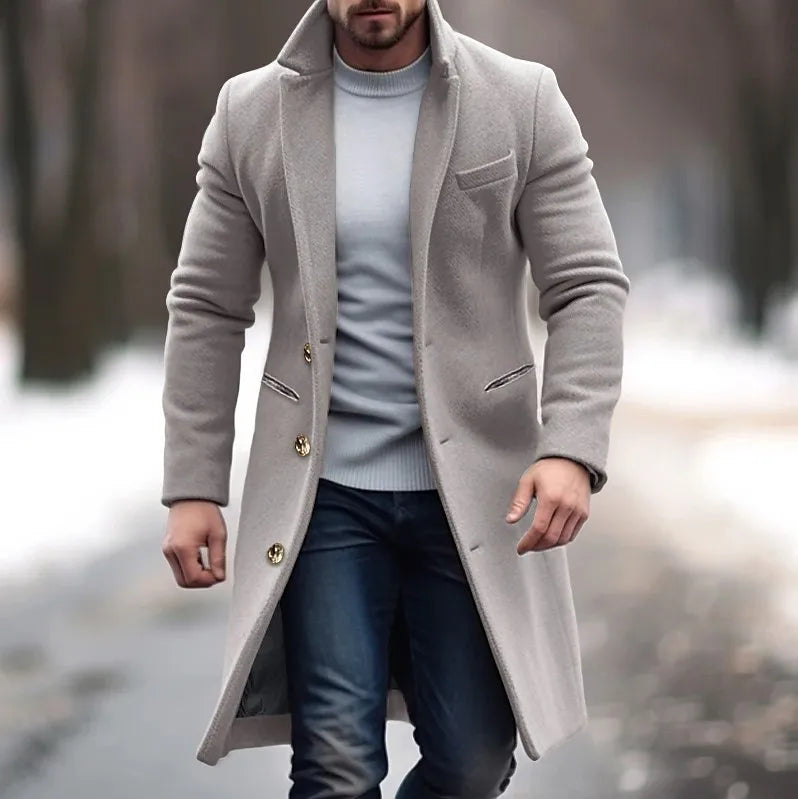 Winter Woolen Coat Men Jacket Elegant Medium and Long Woolen Jacket with Lapel Pockets Slim Solid Color Suit Collar Trench Coat