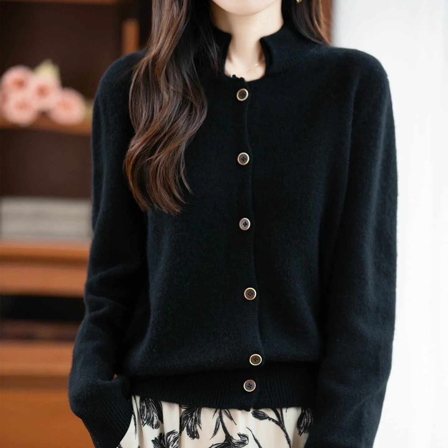 New Autumn And Winter 100% Merino Wool Women's H-neck Cardigan, 2025 Women's Clothing Knitted Korean Style Top YYY-2554