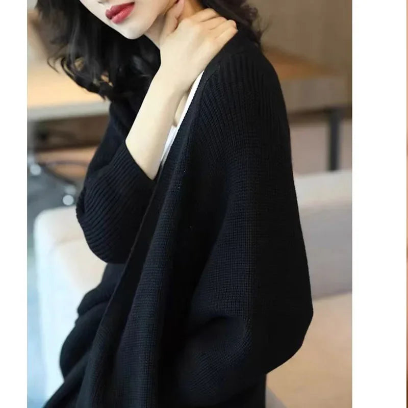 Women's Vintage Loose Casual Knitted Cardigan Autumn Winter Fashion Simple Solid Medium And Long Styles Sweaters Coat