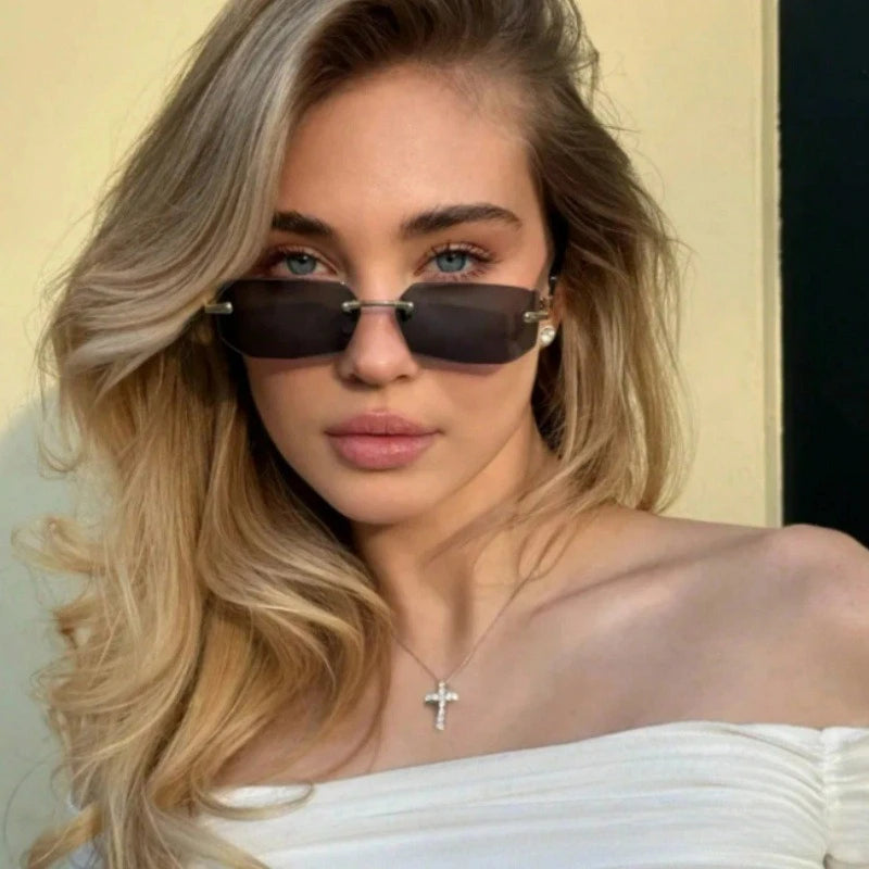 Rimless Sunglasses Rectangle Fashion Popular Women Men Shades Small Square Sun Glasses for Female Male Summer Traveling Oculos