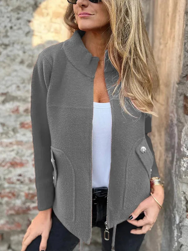 Lightweight Casual Zipper Cardigan Wool Jacket For Women's Autumn Stand Collar Tether Pocket Loose Versatile Female Wool Coat