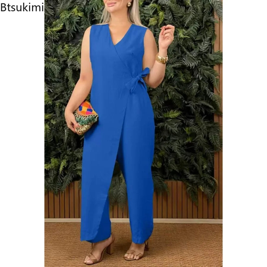 Women's Casual V-neck Cross Strap Jumpsuit Streetwear Loose Romper Elegant Lace Up Sleeveless Hollow Out Solid Office Jumpsuits