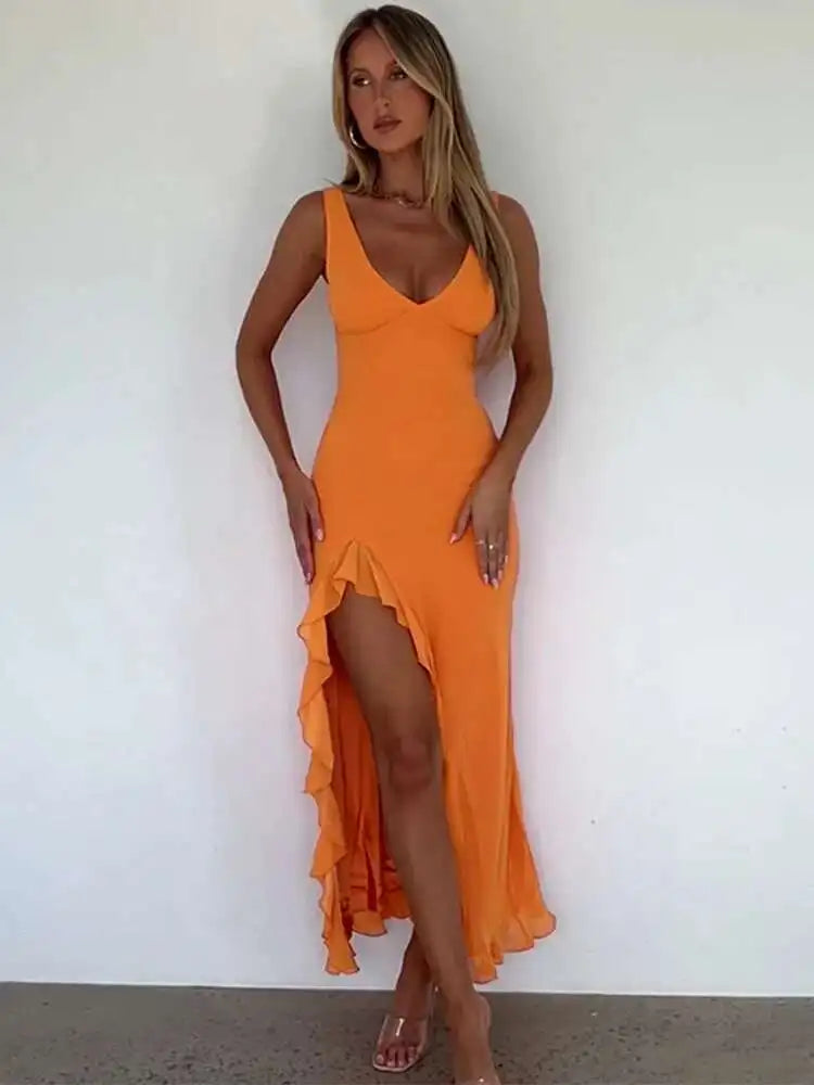 Avrilyaan Ruffle High Split Sexy Dress Women 2024 Robes Elegant Evening Summer Dress Backless Party Long Midi Dress Vestidos
