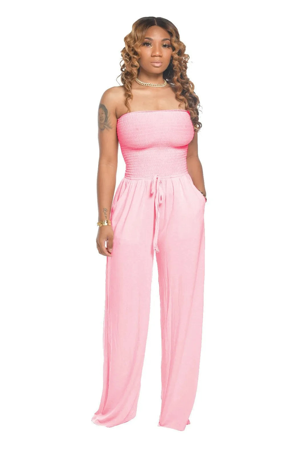 2025 Women Loose Wide Leg Pants Summer Female Drawstring Pocket Full Beachwear Trousers  Bodysuit Sexy Wrapped Chest Clothing