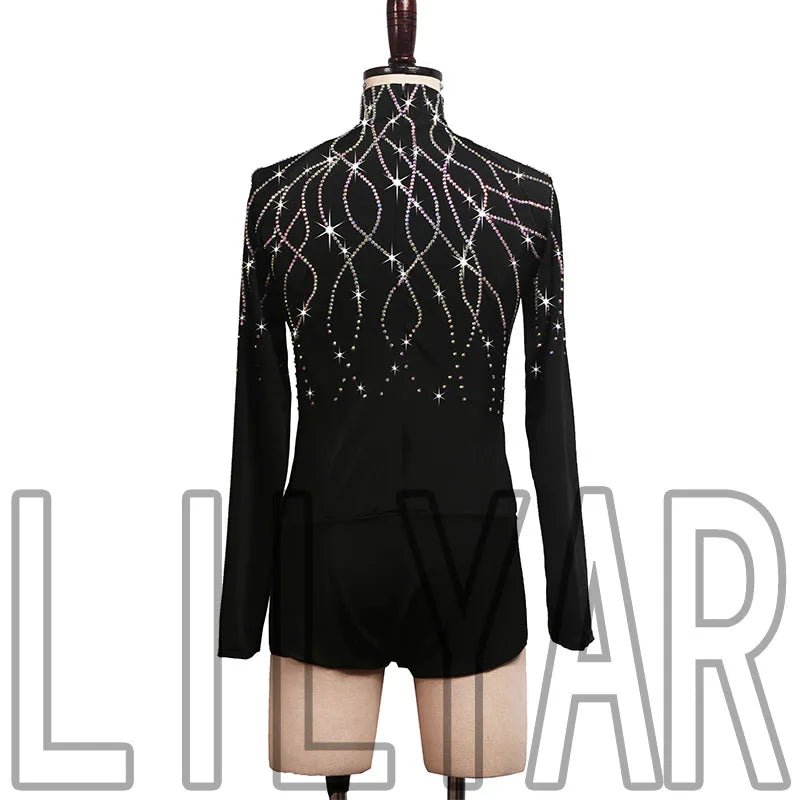 New Man Latin Dance  Performance Competition Performs Adult Black High Neck Long Sleeved Sparkling Diamond Jumpsuit Custom Color