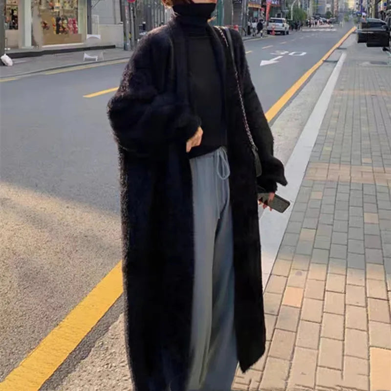 FSMG Elegant Solid Long Pure Imitation Mink Fleece Cardigans Women Knee Length Knitted Cashmere Sweater High Street Warm Coat