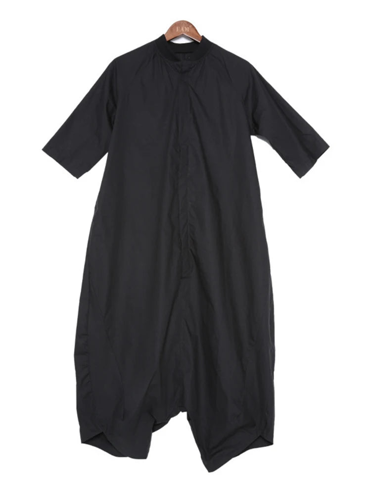 [EAM] Loose Fit Women Black Wide Leg Long Jumpsuit New High Waist Pocket Stitch Pants Fashion Tide Spring Autumn 2025 YA11601