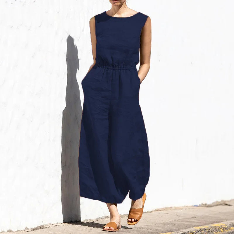 Women Fashion Wide Leg Pant Jumpsuit Summer Casual Solid O- Neck Sleeveless Pocket Playsuit Ladies Loose Boho One-Piece Pants