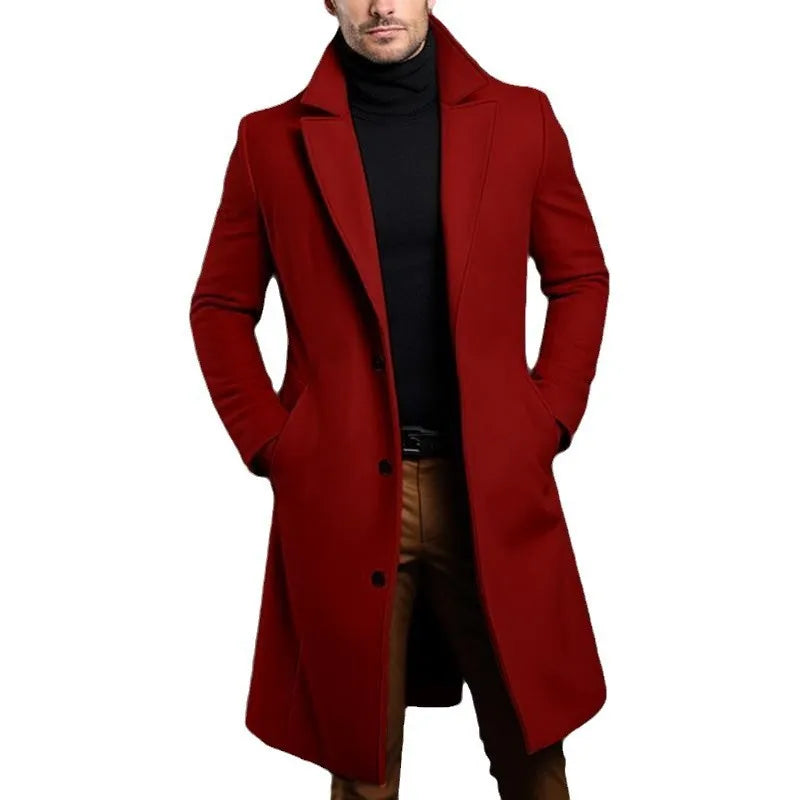 Woolen Coat Men's Long Solid Color Autumn Winter Woolen Coat Warm Youth Coat Trench Cardigan