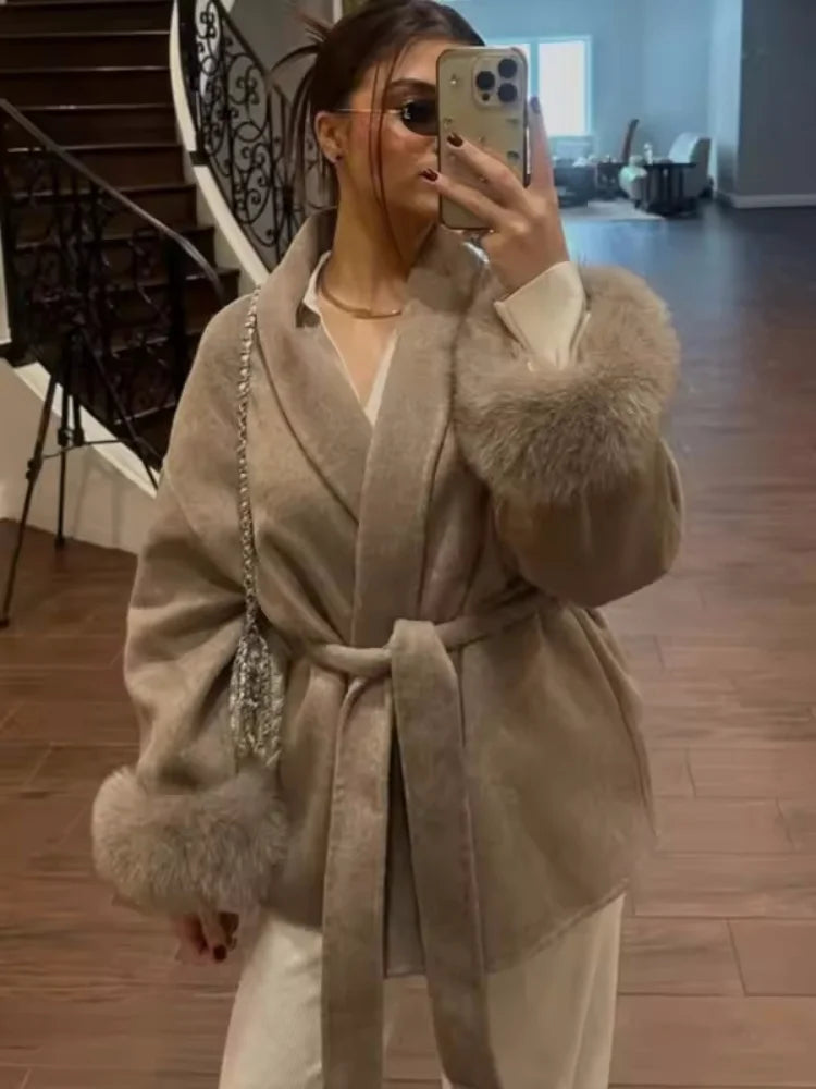 Elegant Lace Up Woolen Coat Women Solid Loose Lapel Furry Belt Long Sleeve Short Jacket 2025 Autumn Winter Lady Cardigan Outwear