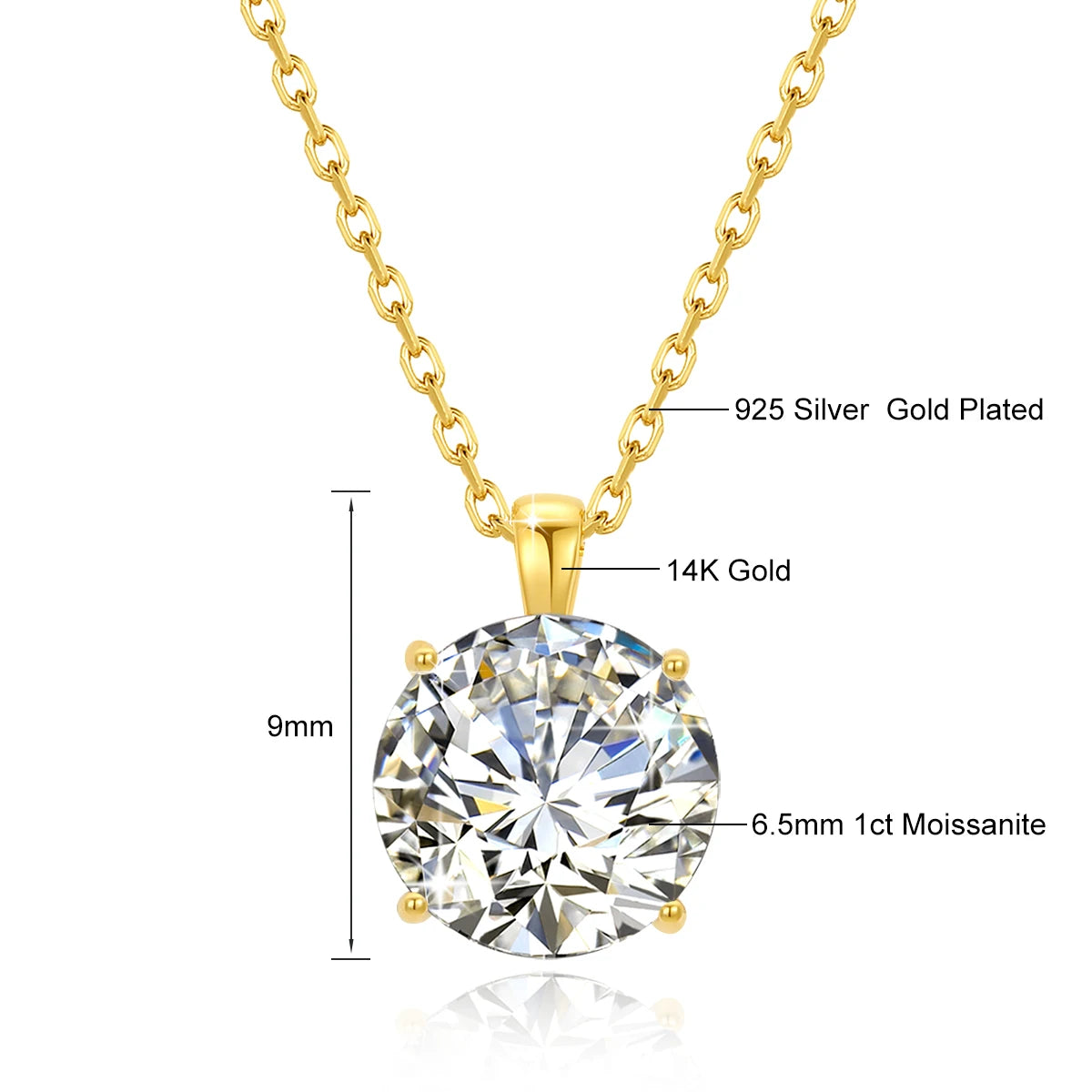 Szjinao 100% Real 14k Gold Moissanite Necklace For Women 6.5mm 1.0ct D Color AU585 K Gold Luxury Pendant Certificated Wholesale