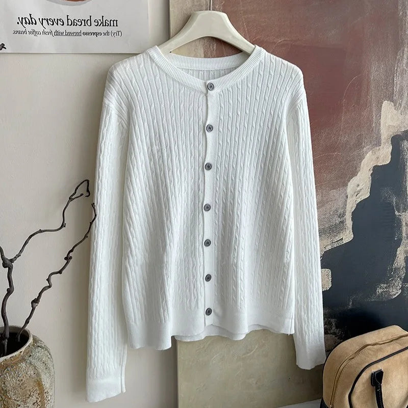 2025 Pure Color Long Sleeve Single Breasted Knitted Sweater Autumn Winter Women's Crew Neck Cardigan New Casual Versatile Tops